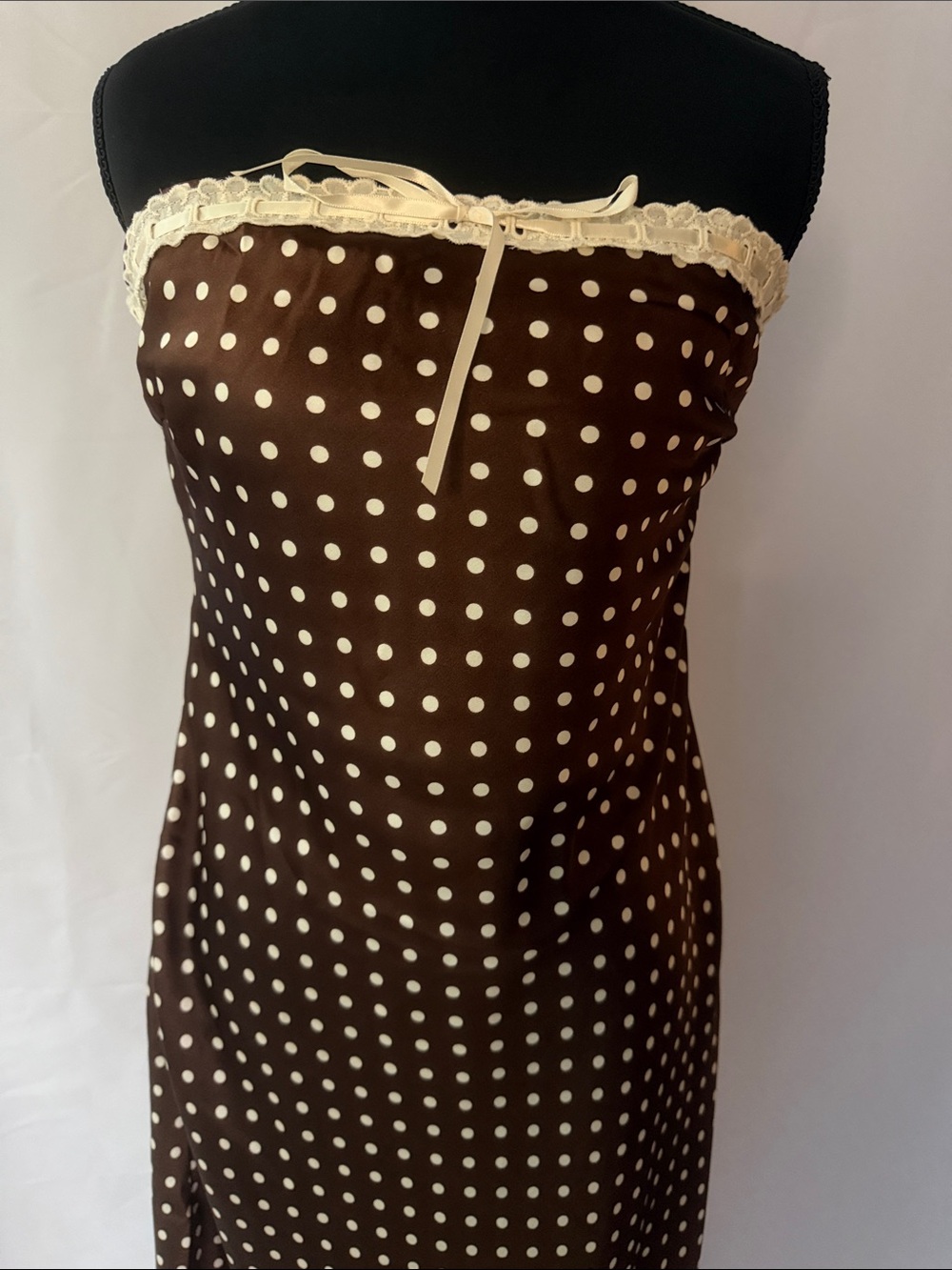 Strapless Brown Polka Dot Maxi Dress with Cream Trim w/Draped back - Picture 2 of 3